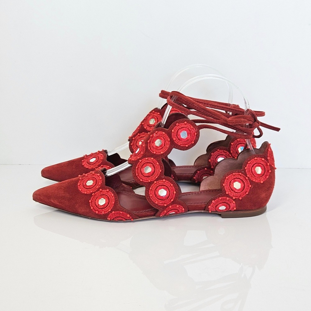 Tory Burch Yasmin D'Orsay Red‎ Suede Flat Size 5 - Picture 6 of 14